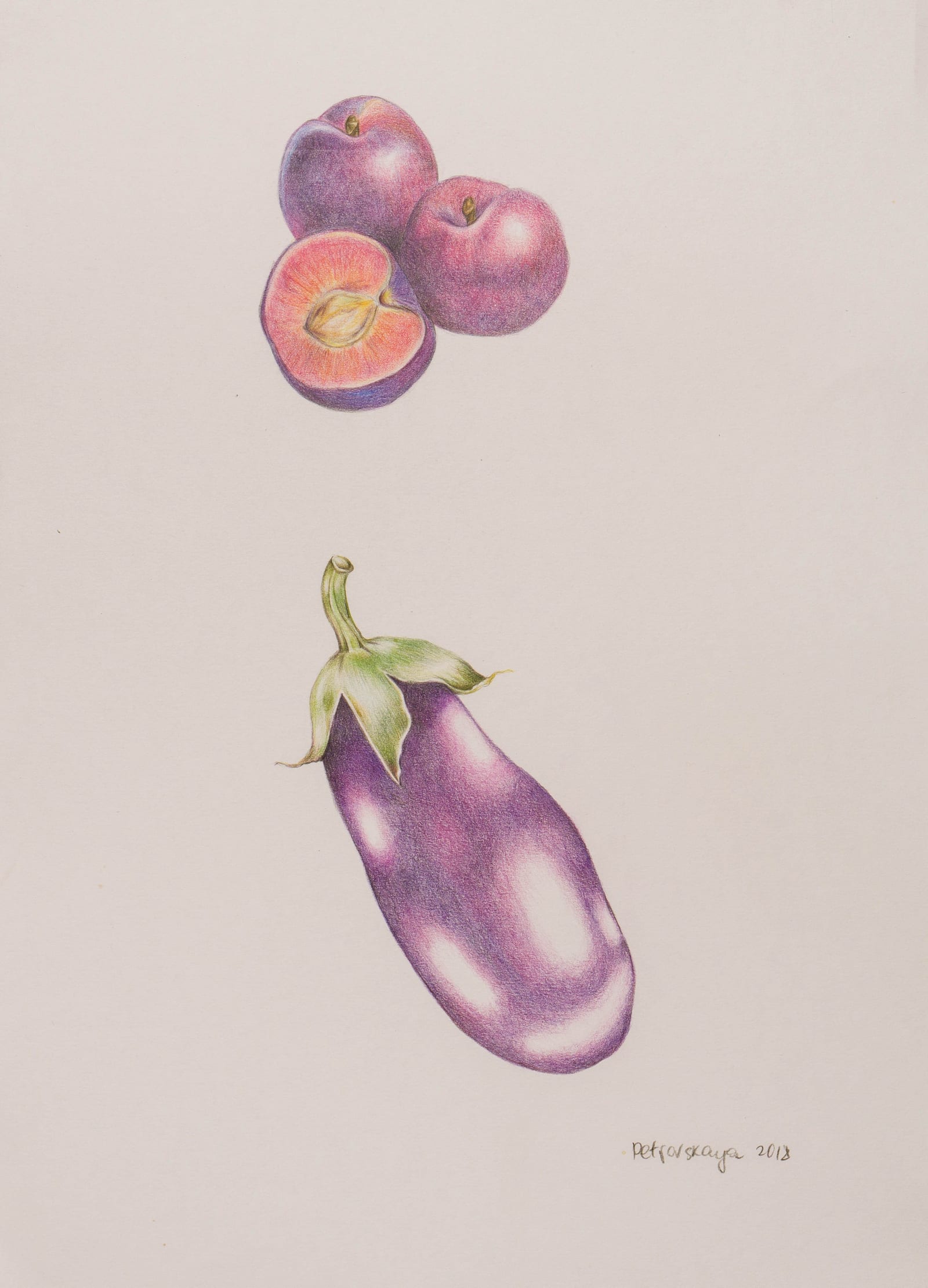 Сливы и баклажан, цветной карандаш, бумага, 2018